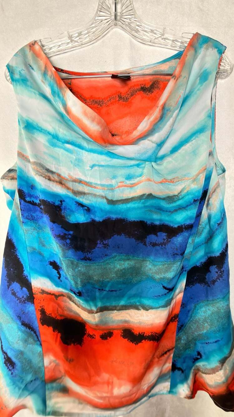 Worthington Blue Orange Watercolor Abstract Cowl Neck Sleeveless Blouse XL